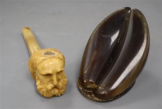 A Victorian ivory and horn pipe and a 19th century Mucruss Abbey horn snuff box press moulded M O Reilly maker